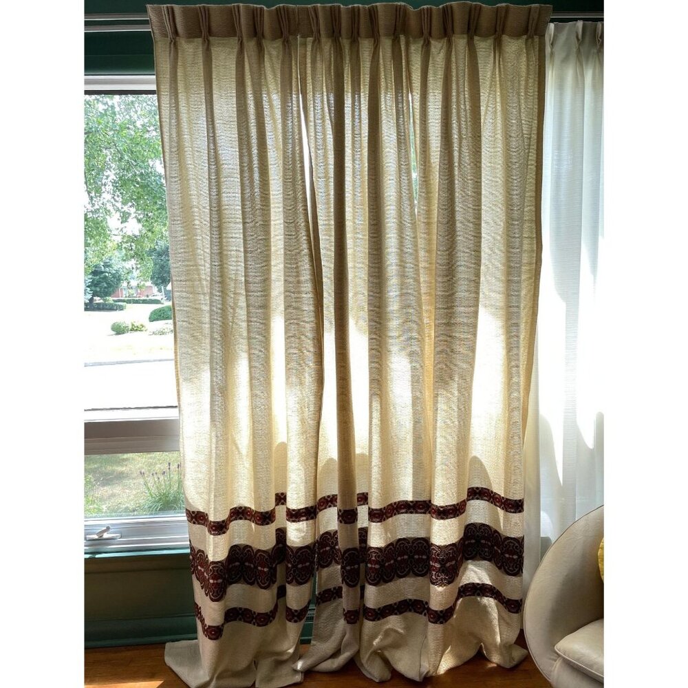 Vintage 70s curtain, beige with textured brown, brick red stripe, pleated panel